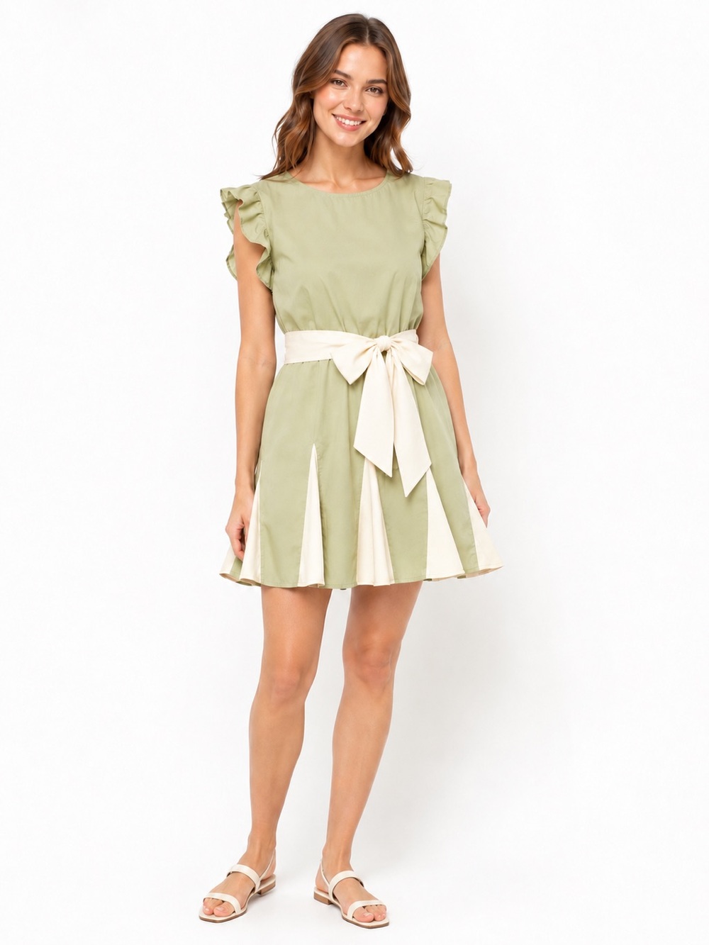 Umgee Sage Green Dress - Flutter Sleeves - Cream Panel Hem - NWT